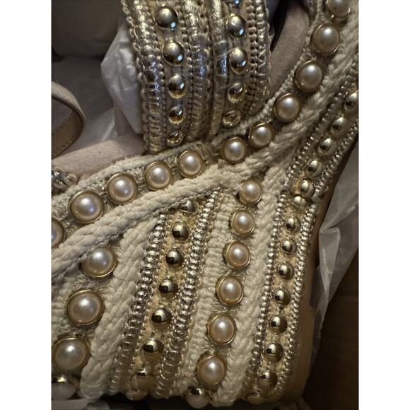 Steve Madden Juniper Sandals Raffia Platform Wedge Size 6 Gold/Multi Pearls NIB - Picture 3 of 7